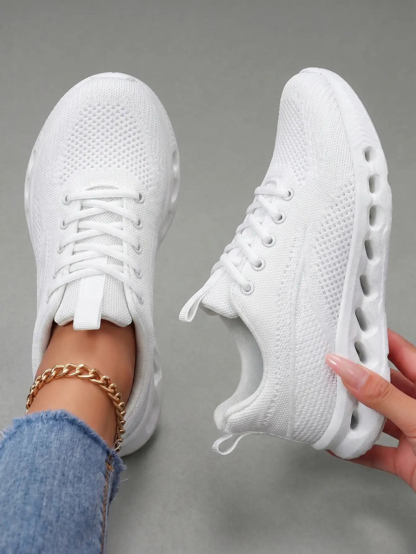 Shoes for Women, Sporty Chic Chunky Sneakers in All White Mesh with Lightweight Hollow Sole, Stain-Resistant & Cushioned Comfort, Affordable Fashion Trainers for Gym & Daily Use, Foam, Gym Workout, Stain Resistance, Ankle, Sneakers For Women, Trending Sho