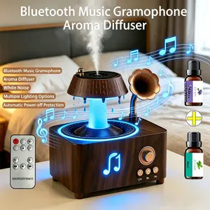 Retro Bluetooth Music Record Player Aroma Diffuser, Waterless Automatic Shut-off with Remote Control, White Noise, Raindrop, Multiple Color Lights, Rotating Raindrop Humidifier