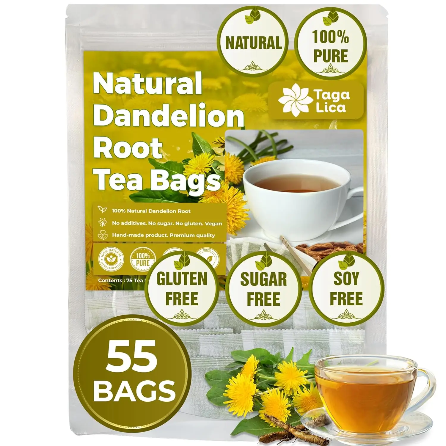 Premium Dandelion Root Tea Bags, 100% Natural & Pure from Dandelion Root, Eco-Conscious Tea Bags, Dandelion Tea, Dandelion Root Herbal Tea. Dandelion