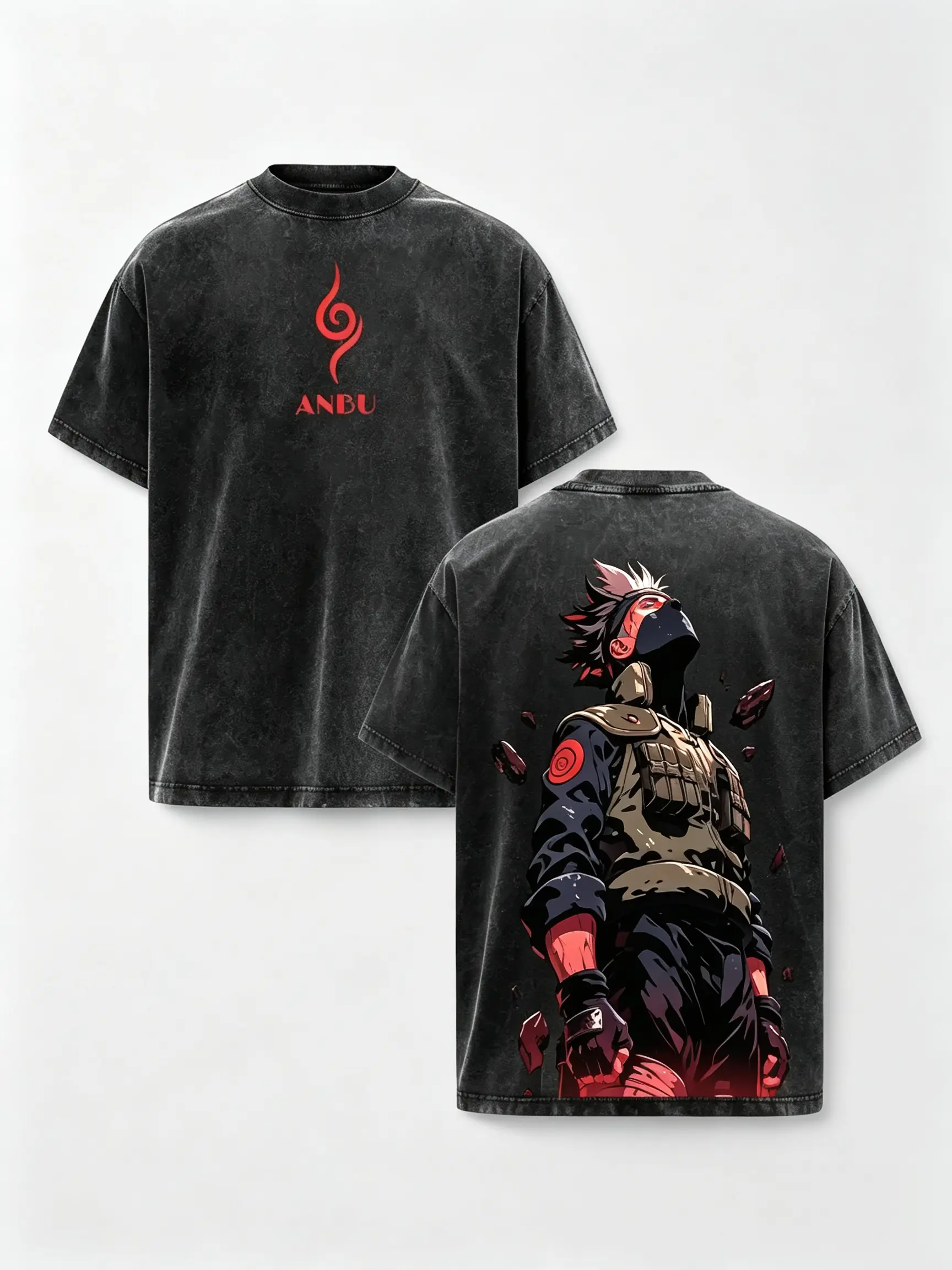 Men's Naruto Kakashi ANBU Double-Printed Oversized Heavyweight Distressed Fabric Breathable Short-Sleeve Cotton Tee, Unisex 90s American Casual Top for Anime Fans (Daily & Streetwear Use) graphic shirts day