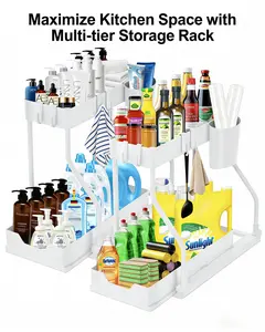 2-Tier Sliding Under Sink Storage Organizer, White Slide-Out Basket with Sturdy Plastic Frame, Space-Saving Pull-Out Rack for Bathroom Kitchen Laundry
