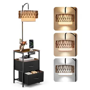 VEVOR Floor Lamp with Table, 2-Tier Nightstands with Drawer, 2-Drawer End Table with 3 Color Temperature LED Bulb, Modern Side Bedside Desk with USB, Type C & AC Charging Ports for Living Room, Bedroom