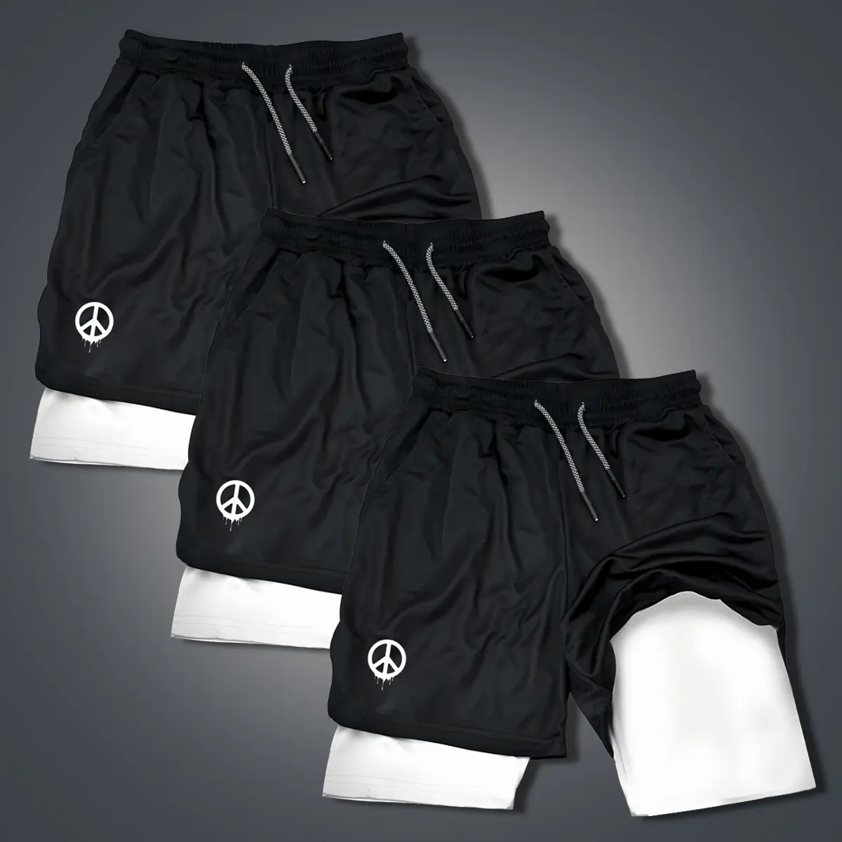 [ Three-piece Set ] Anti War Icon Double-Layer Sports Shorts Graphic Shorts Black Shorts Camo Shorts Streetwear Shorts Men Outfits Men Short Shorts Vacation Outfits Shorts