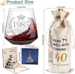 Her 40th Birthday Gifts - Vintage 1985 Engraved Wine Glasses with Customization Options, 17oz Personalized Birthday Decorations for Women - Drinkware