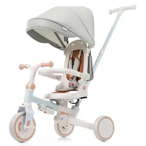 7 in 1 Baby Tricycle, Foldable Toddler Tricycle with Removable and Adjustable Parent Handle, Toddler Push Bike with Removable Pedal, Canopy, and Guardrail, blue, Tricycle for 12-72 Months