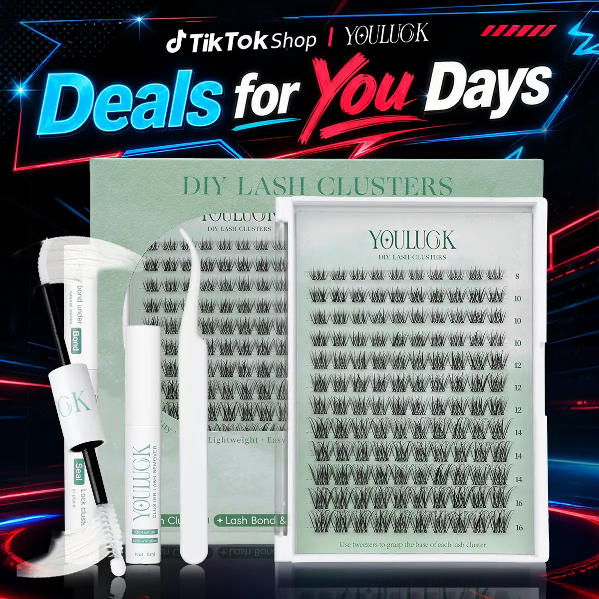 YOULUCK Upgraded Lash Clusters Kit – Soft Fluffy Long-Lasting Lashes with Glue Remover & Tweezer for Easy At-Home Application