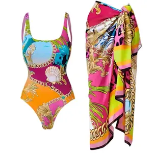 Colorful Seashell One Piece Bathing Suit with Flavy Skirt Cover-Up - Vibrant Design & Chain Detailing, Multicolored, 82% Polyester 18% Spandex, Machine Washable