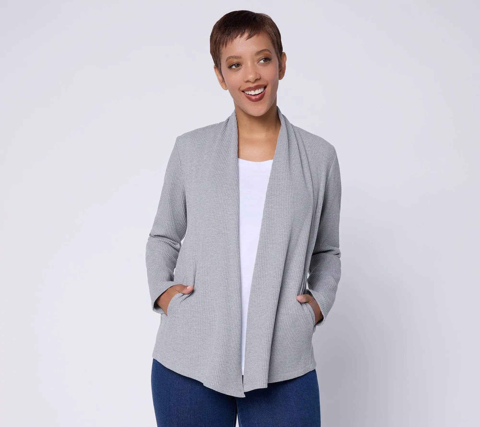 Susan Graver Weekend Waffle Knit Drape Front Cardigan