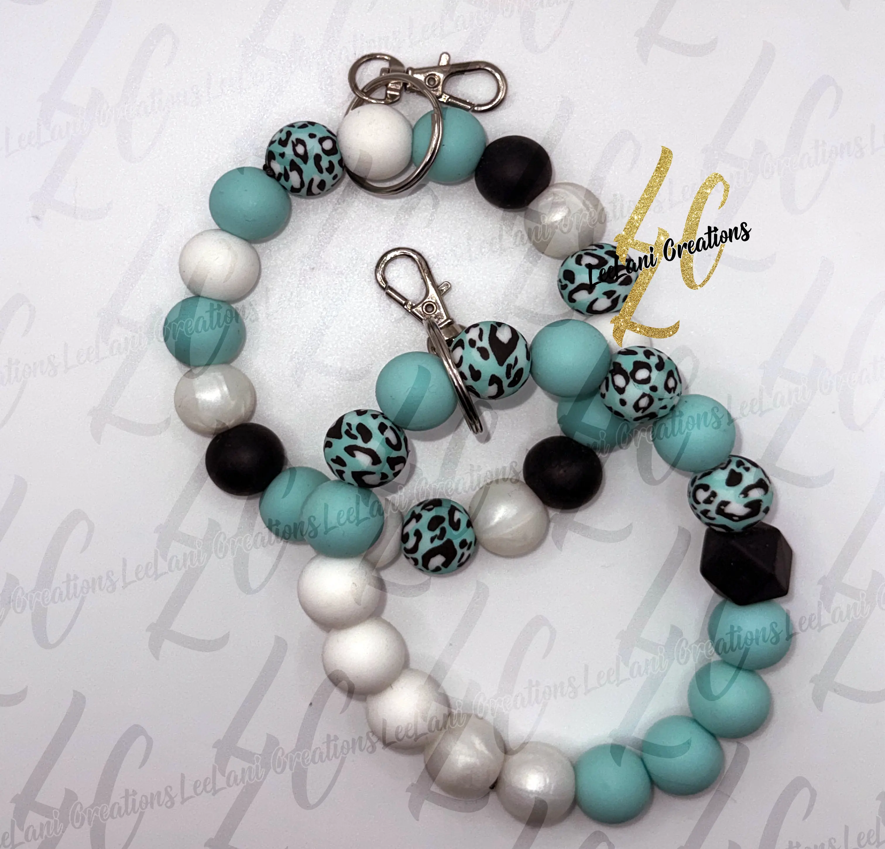 Teal Leopard Print Beaded Wristlet Keychain | Silicone Bead Key Ring — 2 Styles Available