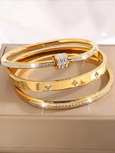 3pcs stainless steel gold-plated luxury clover crystal bracelet, suitable for women's daily wear, as a gift for friends or Valentine's Day, Mom, Mother's Day, gifts