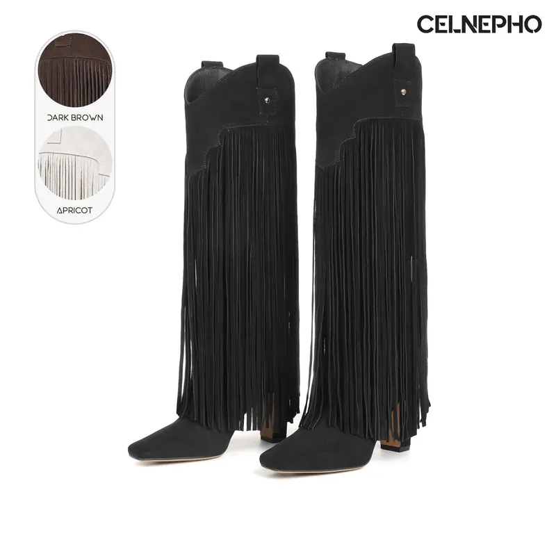 CELNEPHO Women Cowboy Boots Square Toe Chunky Block Heel Knee High Fringe Boot Comfy Easy Pull on Metal Studs Western Design Cosplay Work Casual Wear Party Horse Riding Country Wedding Indoor Outdoor Fall Fashion Trendy Dress Shoes