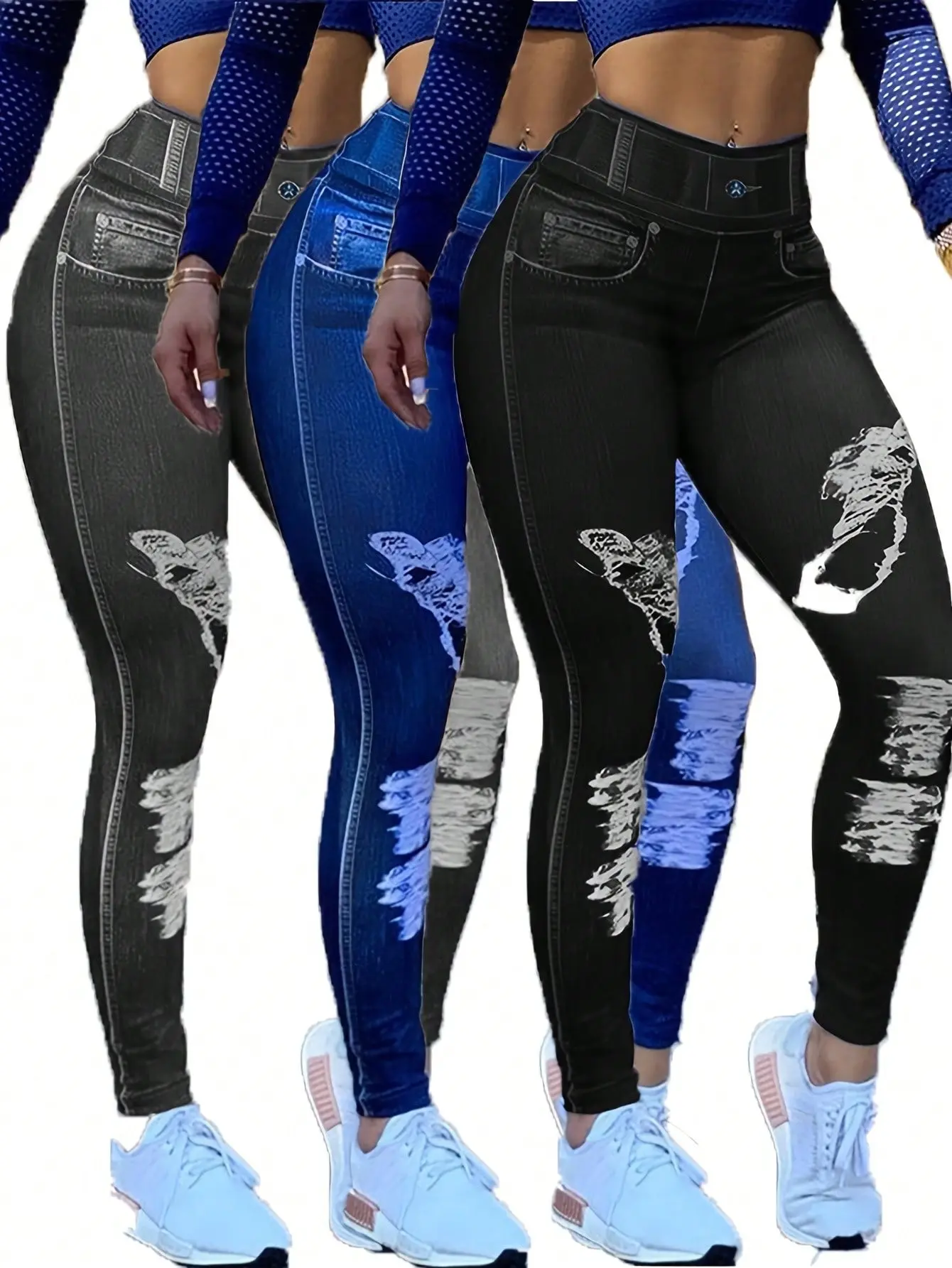 3pcs Imitation Faux Denim Women's Slim Leggings High Waist Stretchy Skinny Pants Comfortable Durable Fashionable All-Season Wear Machine Washable Plus Size gym fitness active pant stretchy  workout  pants