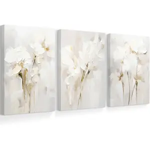 3Pcs Framed Neutral Wall Art Abstract Floral Canvas Pictures Beige Flower Wall Decor Modern Painting Minimalist Poster Abstract Botanical Prints White Artwork for Bedroom Living Room 12x16x3 Inch Ready to Hang
