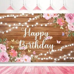 Butterfly Flower Happy Birthday Banner, Hanging Polyester Material, Watercolor Style Wooden Board, Butterfly Design, Floral, Party Decorations