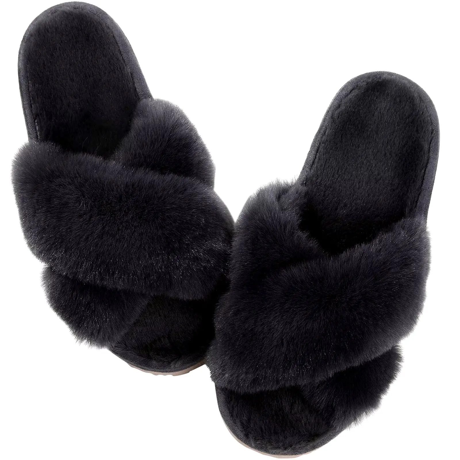 "Comwarm Women's Cross-Band Fuzzy Slippers: Fluffy open-toe house slippers made of cozy plush material. Ideal for indoor and outdoor use as comfortable bedroom shoes or fur sandals."
