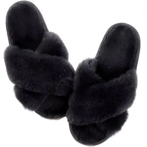 "Comwarm Women's Cross-Band Fuzzy Slippers: Fluffy open-toe house slippers made of cozy plush material. Ideal for indoor and outdoor use as comfortable bedroom shoes or fur sandals."
