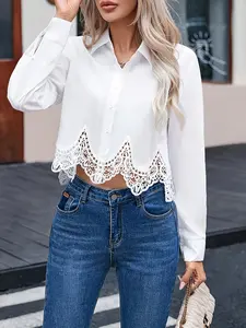 A lady's white lace-stitched V-neck long-sleeved Fitted shirt Blouse, exuding elegant style for daily wear.