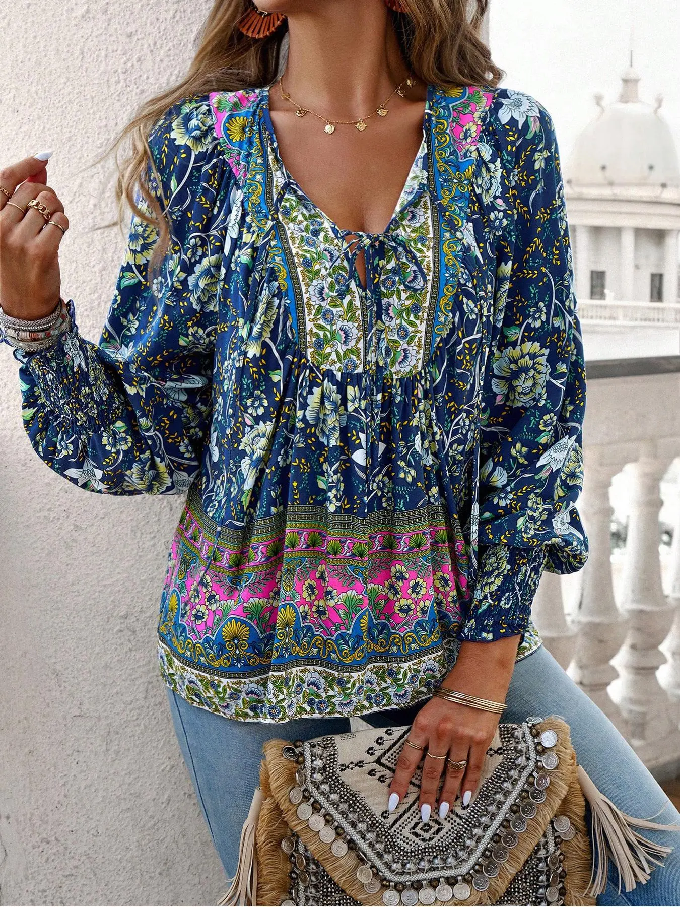 Women's All Over Floral Print Tie Front Blouse Shirts, Boho V Neck Long Sleeve Bishop Sleeve Frill Trim Top for Fall & Winter, Women's Clothes for Daily Wear