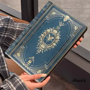 Vintage Blue & Gold iPad Case, Tablet Cover, Tablet Accessories, Floral Embossed Book Design, Luxury Protective Cover, Book-Style Cover for iPad Pro and Air 2022 2021, Shockproof Full Protection with Pencil Slot, Ideal for Home Office and Gifts