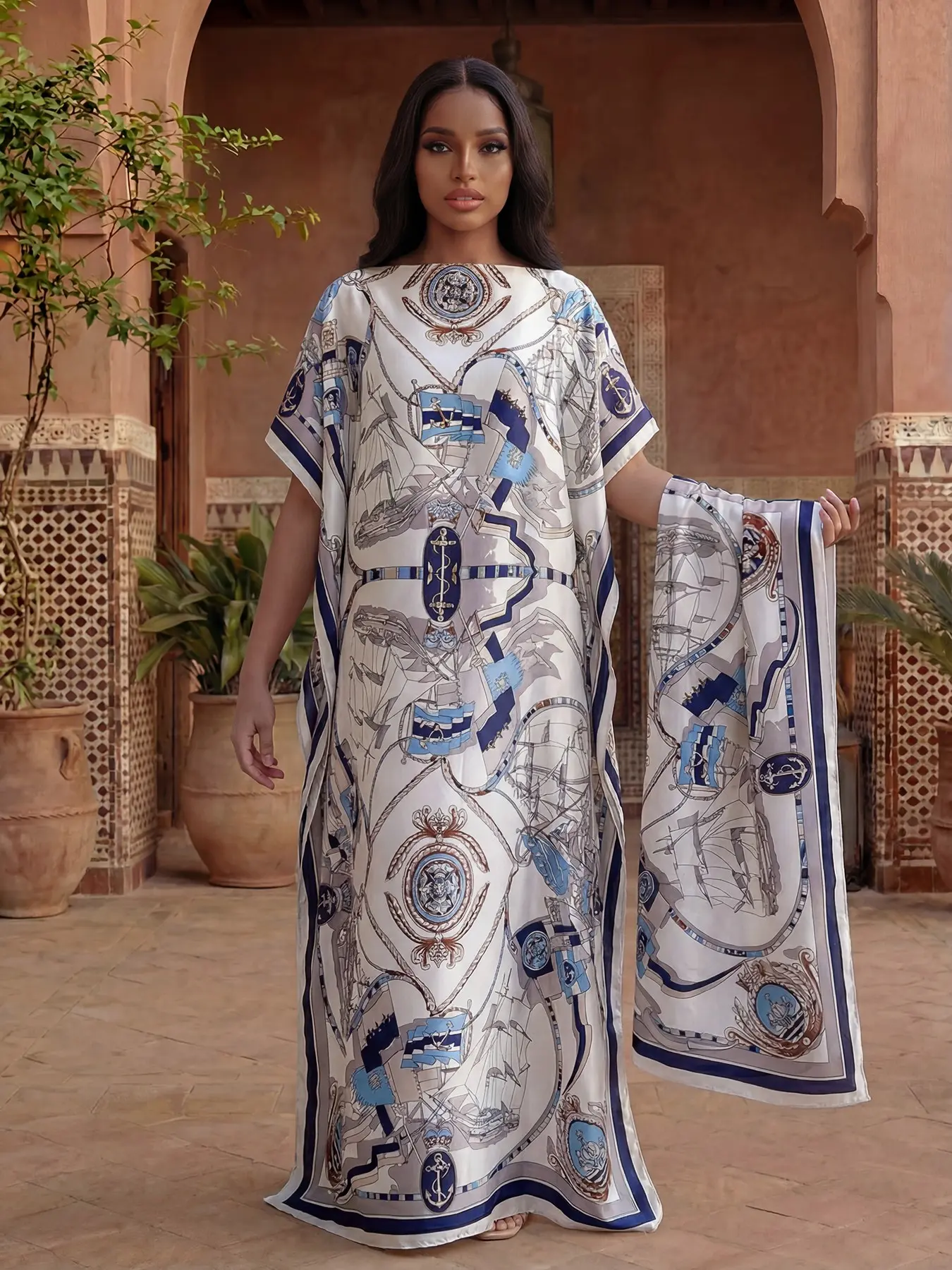Women's Spring Summer Thin Loose Nautical Pattern Robe Set, Hooded Shawl + Long Silk Scarf, Beach Sun Protection Satin Scarf, Beach Outdoor Wear, Beach Coverup, Beach Cover Ups