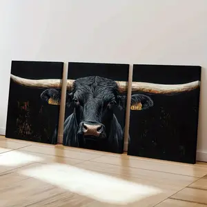 3pcs Set Rustic Black Bull  Art Prints with Wooden NoFrame - Vintage Farmhouse Decor for Living Room, Bedroom, Dining Room, Home Office, and Restaurants, Indoor