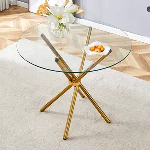 A circular transparent tempered glass round table with a diameter of 36.6 inches,with ring-shaped gathered gold metal legs.The desktop glass is 0.3 inches thick.