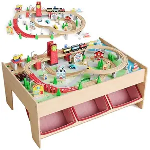 GAOMON 2-in-1 Wooden Train & Reading Table Set, 92 Piece with 3 Storage Bins, Railway Tracks, City Theme Accessories, Multi-Purpose Toddler Activity Table for Boys & Girls Ages 3+