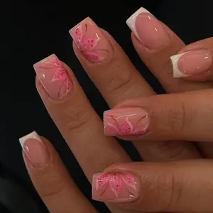 24pcs Fresh Square Nails Nude Floral Nail Wraps, Essential for Vacation Travel, Easy Peel-And-Stick, Reusable, Party Banquet Commute