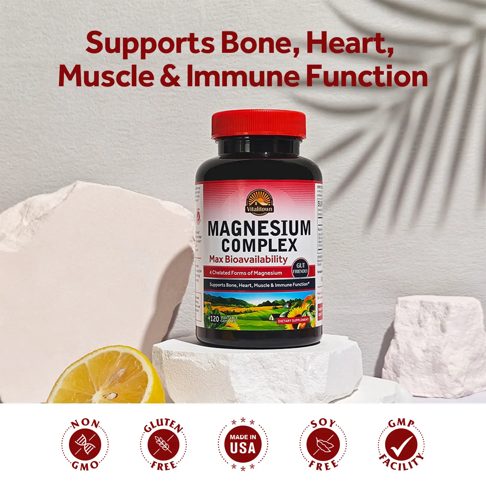 Vitalitown Quadruple Magnesium Complex Supplements, Magnesium Glycinate, FDA Certified, Vegan Safe, Sugar Free, Gluten Free, High Absorption Capsules for Muscle Relief, Metabolism Support, 120 Count