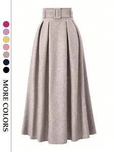 Women's High Waist Pleated Chic Skirt, Matching Belt Slimming Long Dress, Casual Commuter Office Wear, Daily