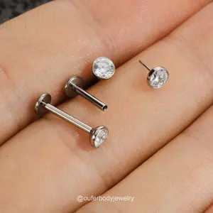 OUFER BODY JEWELRY 16G Titanium Tiny Bezel CZ Threadless Push Pin Flat Back Ear Studs, Hypoallergenic High Quality Earrings for Helix Tragus Lobe Cartilage Piercings, Trendy Elegant Minimalist Fashion Body Jewelry
