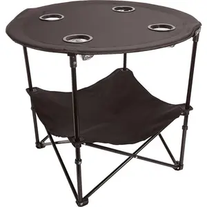 2 Tier Folding Camping Table with 4 Mesh Cup Holders Black |   Polyester with Metal Frame |   Compact, Convenient Carry Case Included |   Side Table for Tailgate