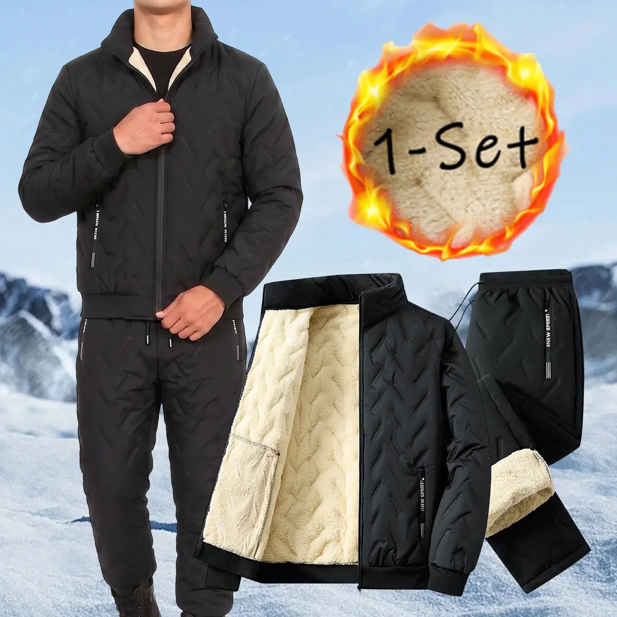 Menswear Casual Stylish Quilted Look 2-Piece Jacket&Pants Set, Stand Collar Zip Jacket, Straight-Hem Pants, Fleece-Lined 100% Polyester, Lightweight, Windproof, for Commute-Travel, Windproof Coat, Zipper Detail