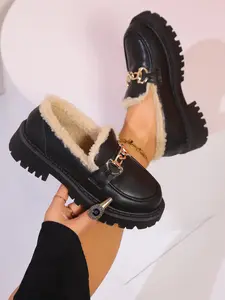 Women's Fall Winter Fashion Slip-On Loafers, Warm Thick Sole Round Toe Chain Design, Casual British Style Shoes Size 36-42