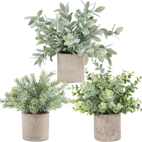 3-Pack Mini Potted Fake Faux Plants, Artificial Plastic Eucalyptus Plants, Evergreen Faux Plants, Topiaries for Home Office Desk, Farmhouse Room Decoration, Decorative Indoor Faux Plant, Artificial Floral Plant, Greenery Fake Plants
