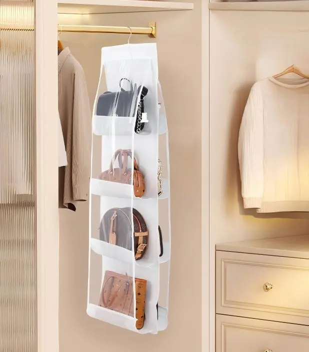 White/Brown Non-Woven Hanging Purse Organizer - Breathable Closet Storage for Handbags