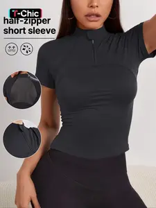 Women's Sporty High Neck Short Sleeve Top, Half Zipper & Mesh Back, Slim Fit Gym Yoga Workout Shirt, All Seasons Wear, Athletic Top, Yoga Tops