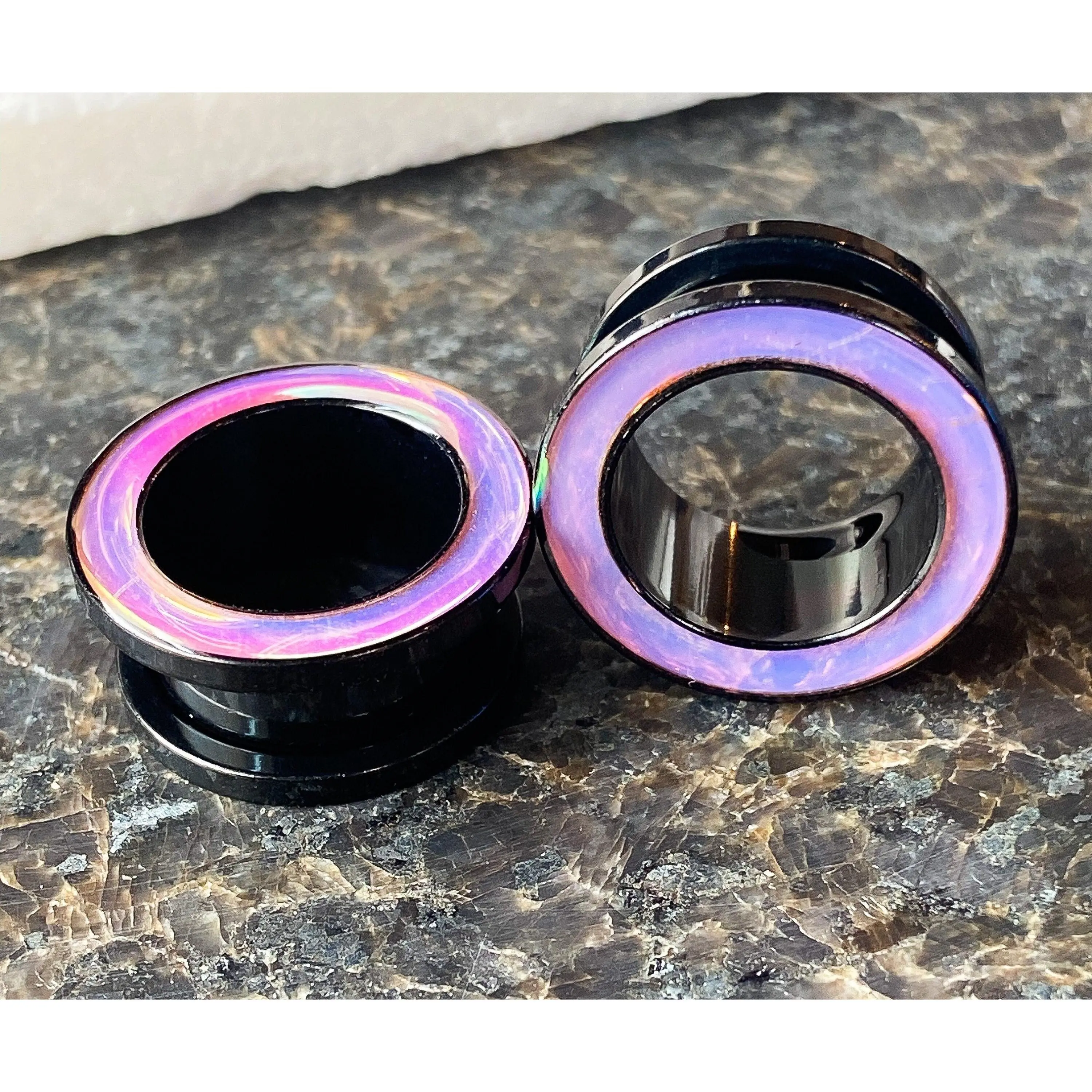 PAIR of Beautiful Rainbow Iridescent Rimmed Black Screw Fit Tunnels/Plugs - Gauges 0g (8mm) thru 5/8" (16mm)