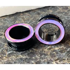 PAIR of Beautiful Rainbow Iridescent Rimmed Black Screw Fit Tunnels/Plugs - Gauges 0g (8mm) thru 5/8" (16mm)