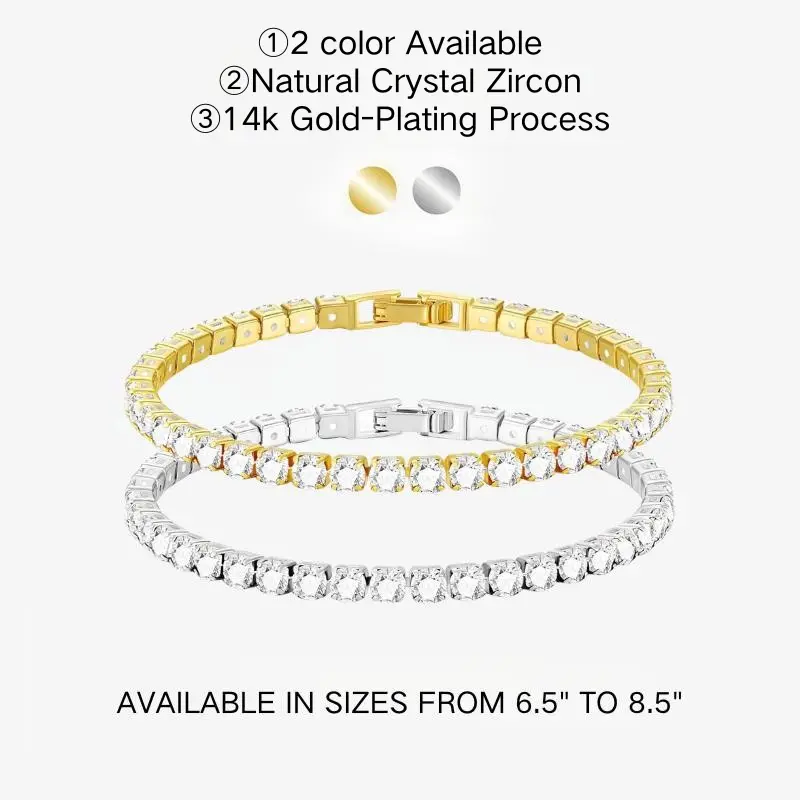 Sparkling CZ Tennis Bracelet for Women, 4mm Gold Plated Tennis Bracelet, Rhinestone Crystal Jewelry, Trendy Luxury Everyday Bracelet Gift for Her