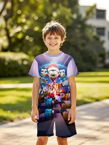 Boys' 3D Short Sleeve Suits Set, American Casual Style the Amazing Digital Circus Character Full Print, Outdoor Wear, Holiday Gift, Birthday Present