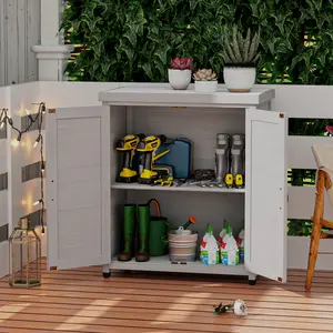 Outdoor workbench for courtyard, made of solid wood, with storage cabinet and metal desktop, suitable for placing potted plants.