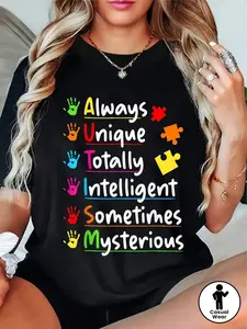[Autism Awareness T-Shirt] Women's Autism Awareness T-Shirt| Puzzle & Handprint Design| "Forever Unique, Completely Smart"| Casual Round Neck Tee| Machine Washable Autism Apparel for Parents & Teachers
