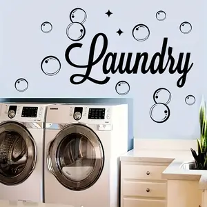 1pc modern self-adhesive wall stickers with semi-matte polyvinyl chloride patterns, "Laundry Room" letters and bubble themes, detachable irregularly shaped laundry room wall stickers, suitable for home decoration