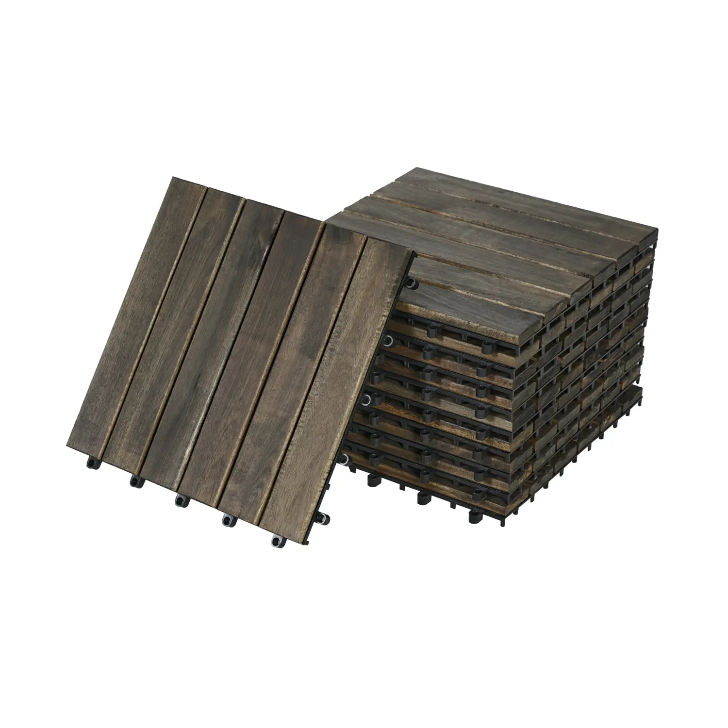12x12 in 0.75 in Striped Dark Brown Acacia Wood Interlocking WPC Decking Pantiles, Square Outdoor Flooring (10pcs/30 Multiple Packs) - Weatherproof, Drainage, Anti-Mildew, Easy-Install DIY Co-Extrusion Module for Patio, Swimming Pool, Balcony, Porch