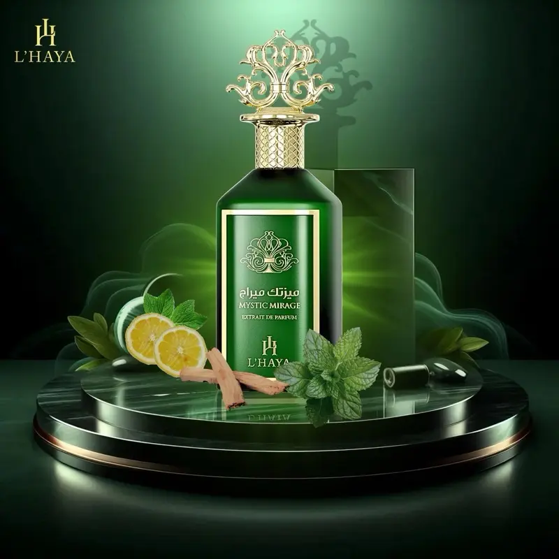 L'Haya Mystic Mirage 3.4 oz EDP - Extrait de Parfum with Elegant Gold Cap and Green Bottle Design