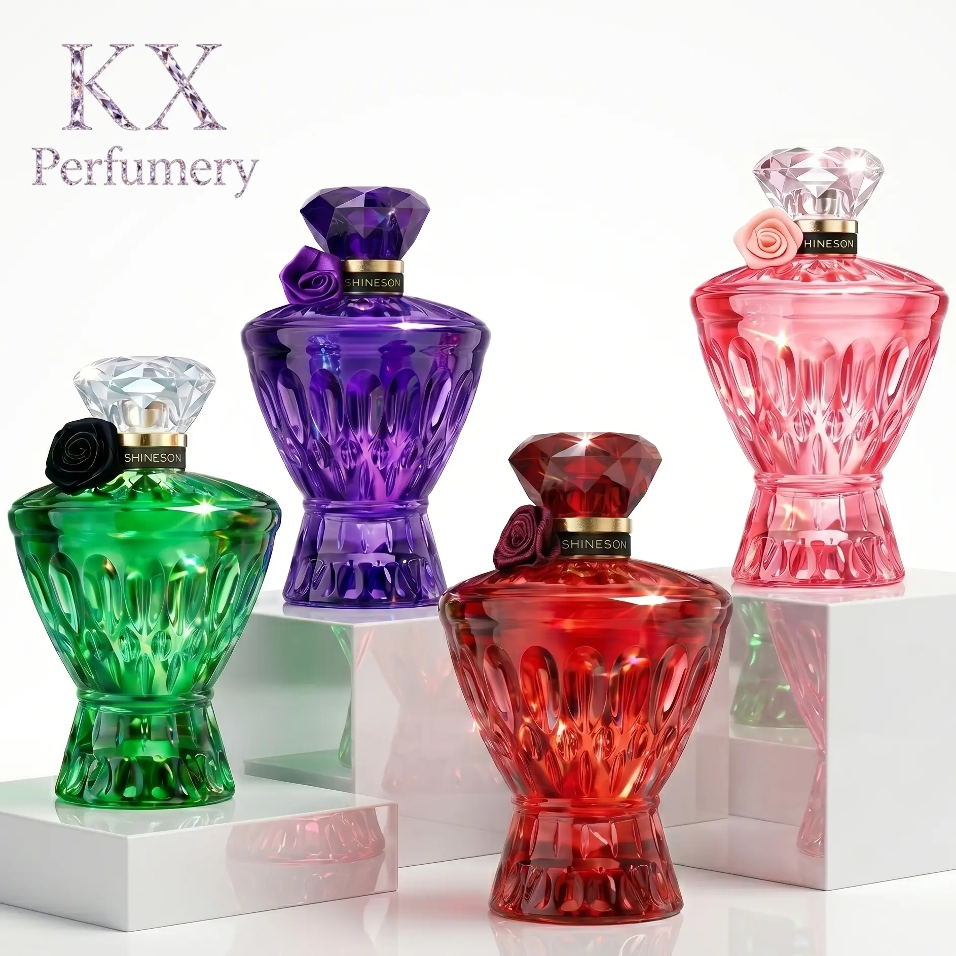 Gemstone Perfume Gift Set for Women, Luxury 4-Piece Crystal Eau de Parfum Bundle, Ruby Red, Emerald Green, Twilight Amethyst & Pink Crystal Bottles, Long-Lasting Signature Scents, Gift for Her