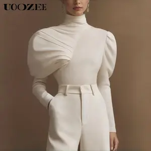 UOOZEE Women's High Neck Solid White Slim-Fit Spandex Sweatshirt Piece - Chic Minimalist Pleated Asymmetric Puffed Long Sleeve Pullover, Evening & 2026 Autumn Casual Wear (1 Size Up for C-Cup+; Pairable with Statement Blazer)