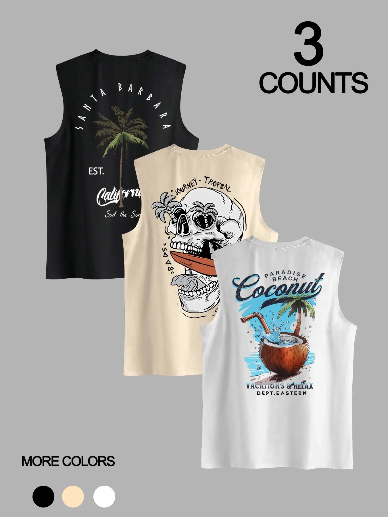 Men's 3-Piece Top Set with Coconut Tree Graphic Print, Round Neck Sleeveless T-Shirt, Casual Comfortable Top, Summer Outdoor Fitness Wear, Casual Summer Clothes