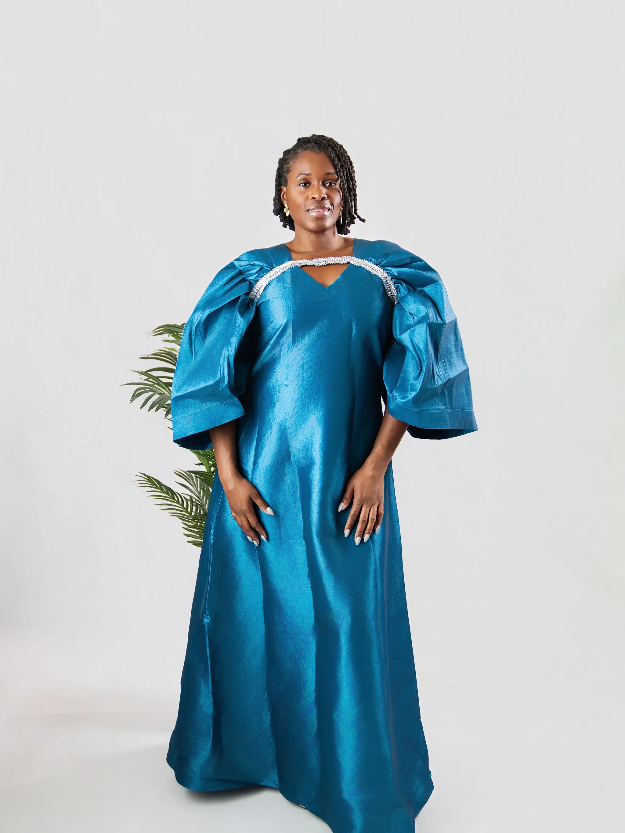 Women's Islamic Amina Luxe Boubou - Teal and Brown Organza, All Seasons, Elegant Cut Modest Kaftan